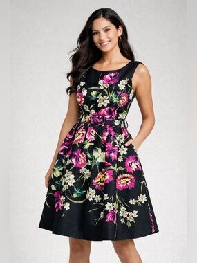 Eliza J Floral Fit & Flare Dress Black Pink Belted Sleeveless Size 12